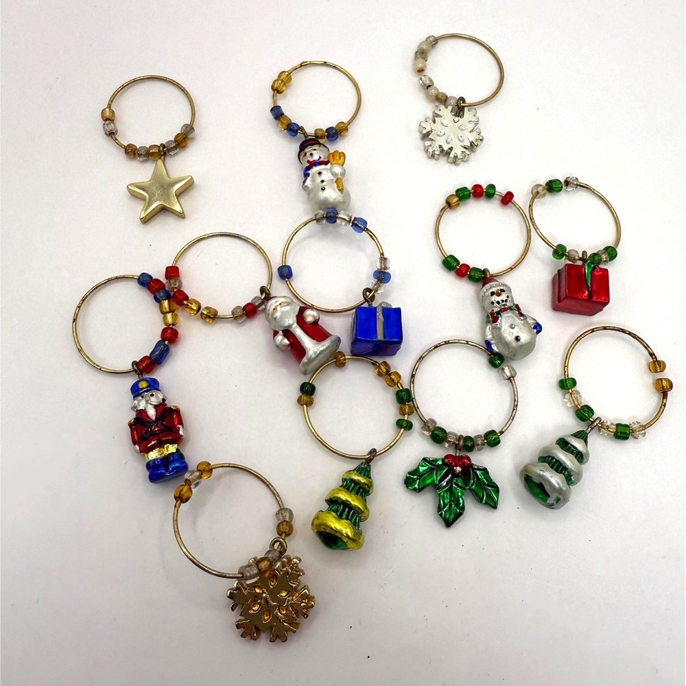 Set of 12 Christmas Wine Glass Charms Holiday Drink Markers Snowman Santa Tree‎